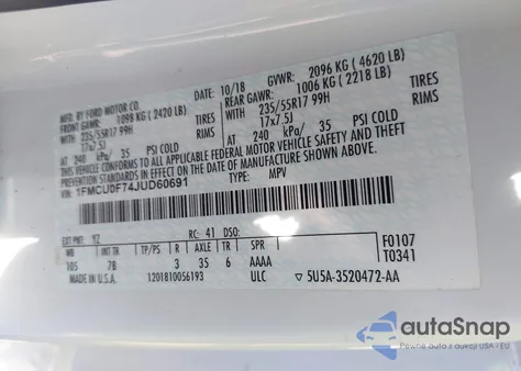 2018 Ford Escape S from USA, damaged, VIN 1FMCU0F74JUD60691